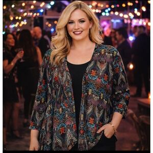 Rainbow Womens Top Plus 3X Black Sheer Colorful Paisley Floral Layer Cover Up